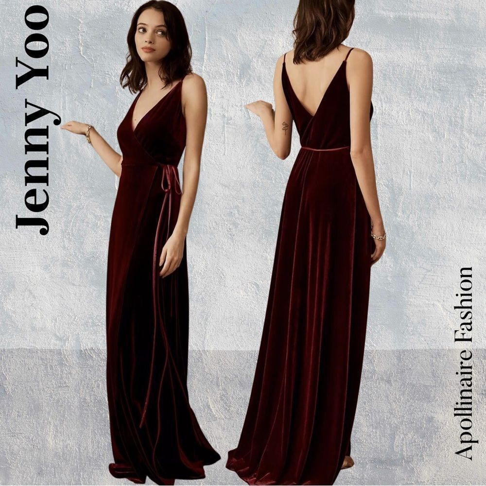 Jenny Yoo Burgundy Velvet Wrap Gown Size 6 NWT In Dark Berry